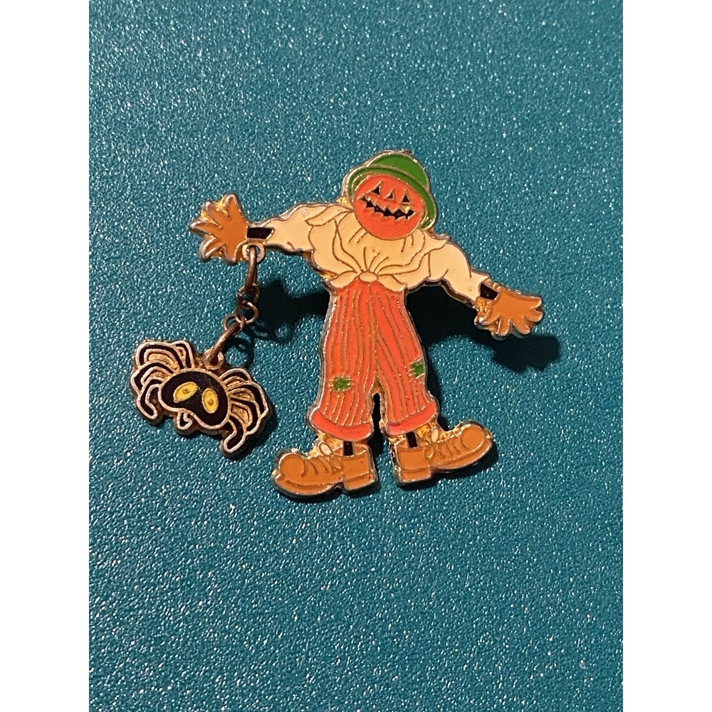 Vintage Halloween Scarecrow Pin Pumpkin Jack O Lantern & Spider Enamel SpooCute